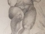 pencil drawing of a man sitting on the ground holding a cell phone to his ear