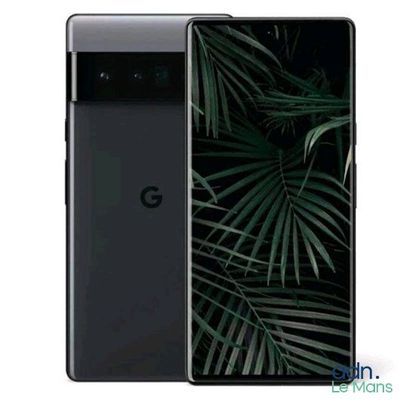 the back of a black google pixel phone with palm leaves on the screen
