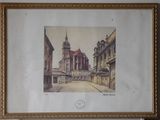 painting of a church with a clock tower in the middle of a street