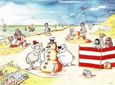 de nombreux personnages de dessins animés sur la plage, en train de jouer dans le sable