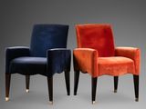 a set of three chairs with different colors of velvet