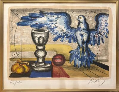 painting of a bird and a cup on a table next to a vase