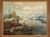 an oil painting of a river scene with boats in the foreground