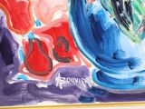 a painting of a vase of flowers on a table