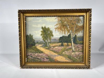 a painting of a country road with trees and flowers in a gold frame