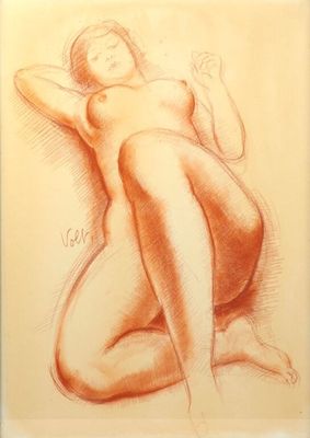 dessin représentant une femme nue assise par terre, les bras derrière la tête