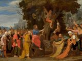 an image of a painting of a group of people standing around a man on a horse