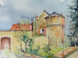 a watercolor painting of a house on the side of the road