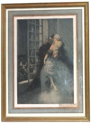tableau représentant un homme et une femme s'embrassant devant une fenêtre