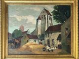 une peinture à l'huile représentant une scène de village avec une église en arrière-plan