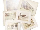 plusieurs vieilles photographies représentant un bâtiment et un oiseau sur fond blanc