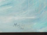 a painting of a man riding a surfboard on a wave