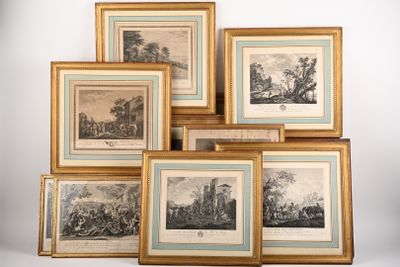 six reproductions encadrées représentant un paysage avec des personnages dans un paysage