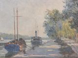 un tableau représentant des bateaux sur l'eau, près du rivage