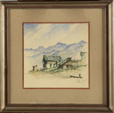 une image d'une photo d'un tableau représentant une maison à la montagne