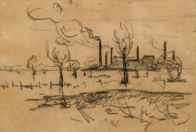 une image représentant le dessin d'une usine d'où s'échappe de la fumée