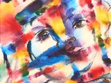 abstract painting of a woman ' s face with colorful paint on it