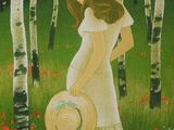 painting of a pregnant woman standing in a field of poppies