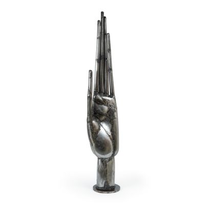 silver sculpture of a hand with two fingers on a white background