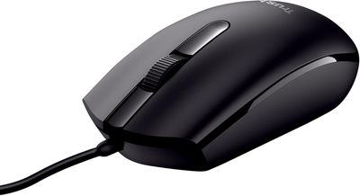 the computer mouse is black and has a black cord