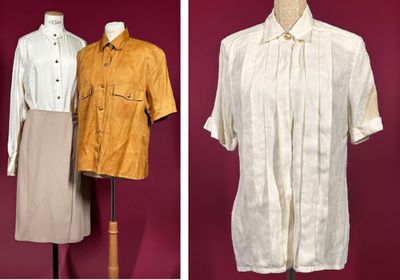 two pictures of a woman ' s shirt and dress on a mannequin