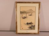 painting of boats in a body of water with a mountain in the background