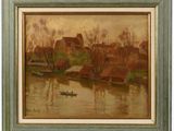 une peinture représentant une scène de rivière avec un bateau dans l'eau