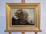 une peinture à l'huile représentant un homme et un chien dans un décor boisé