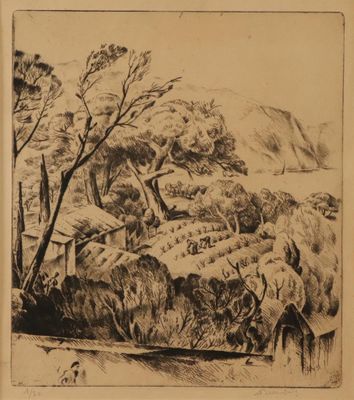 une image représentant un dessin de paysage avec des arbres et des moutons