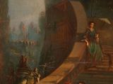 a painting of a woman sitting on the steps