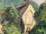 an oil painting of a church with a steeple in the background
