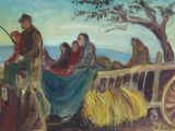 un tableau représentant un groupe de personnes voyageant dans un chariot