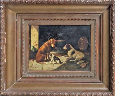 an oil painting of a dog and a cat in a barn