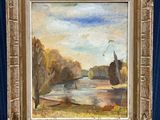 an oil painting of a landscape with a river in the foreground