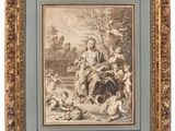 a framed print of a painting of a family in a landscape