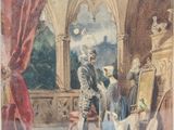 painting of a man and woman standing in a room with a dog