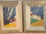 deux tableaux représentant des maisons et un ciel sont exposés dans un cadre