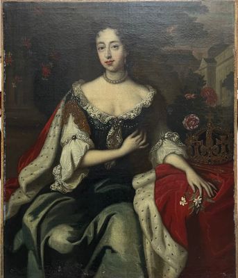un vieux tableau représentant une femme en robe noire assise sur une chaise rouge