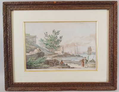 une vieille photo représentant un tableau où l'on voit un homme et une femme sur une plage