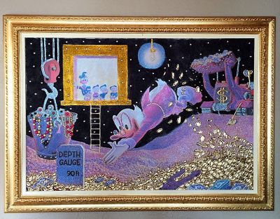 tableau représentant un tableau d'un éléphant et d'un chat dans une station spatiale