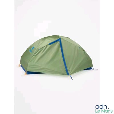 a green tent with a blue line on the inside