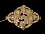 broche en or jaune représentant des fleurs et des feuilles sur fond noir