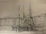 a drawing of a boat in the water with buildings in the background
