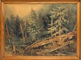 une peinture à l'huile représentant une scène de forêt avec un arbre tombé au premier plan
