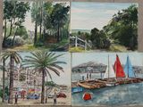 quatre tableaux représentant des bateaux sur l'eau, avec des palmiers en arrière-plan