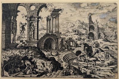 an image of a drawing of a landscape with ruins and people