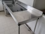 a stainless steel counter top in a kitchen with a stove