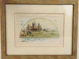 framed picture of a painting of people on a beach with sailboats in the background