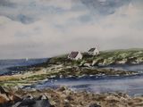 a watercolor painting of a house on a rocky shore