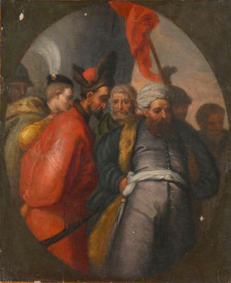 a painting of a group of men standing next to each other